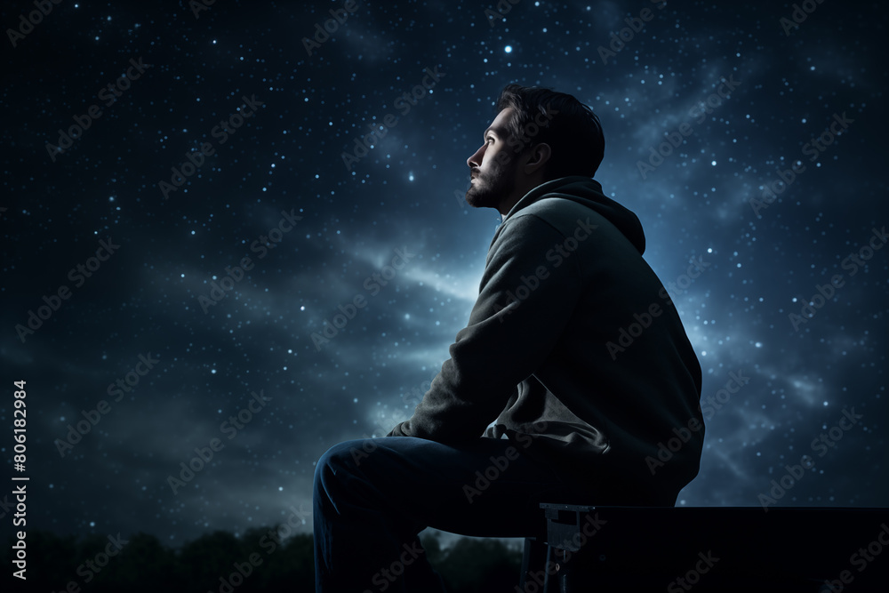 Solitary astronomer, gazing up at the night sky through a telescope. Generative AI Solitary astronomer, gazing up at the night sky through a telescope. Generative AI