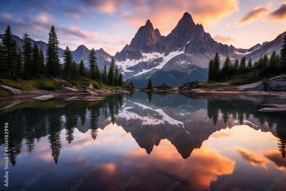 Serene mountain lake at dawn, surrounded by towering peaks and mirrored reflections of tranquil landscape. Generative AI