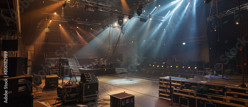 A Live stage production being built in a center stage type venue. Stage rigging equipment, lighting trusses, stairs and PA systems being carried
