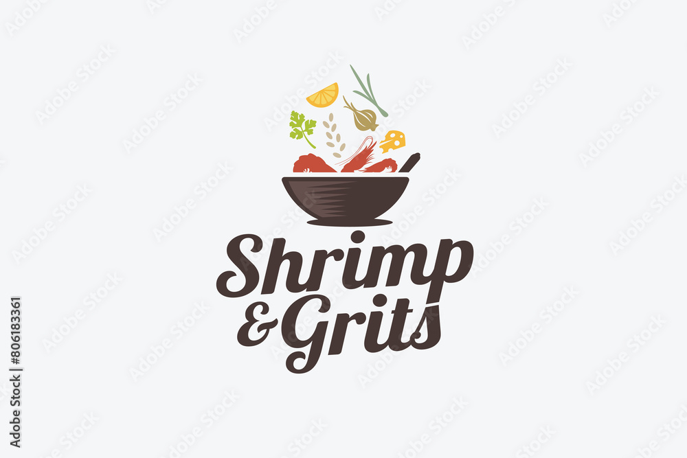 shrimp and grits logo with a combination of a bowl, shrimps, spices, and beautiful lettering. This logo is suitable for food trucks, restaurants, cafes, etc. shrimp and grits logo with a combination of a bowl, shrimps, spices, and beautiful lettering. This logo is suitable for food trucks, restaurants, cafes, etc.