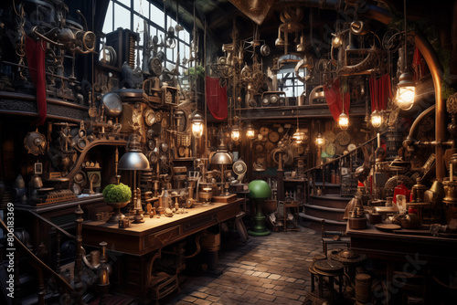 Whimsical steampunk inventor's workshop, cluttered with gears, gadgets, flying mechanical contraptions. Generative AI