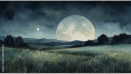 Serene night scene in watercolor with a luminous full moon looming over a field of wildflowers