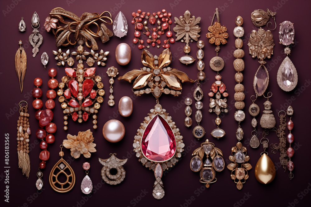 Fototapeta premium Large arrangement of shimmering jewelry on velvet backdrop. Generative AI