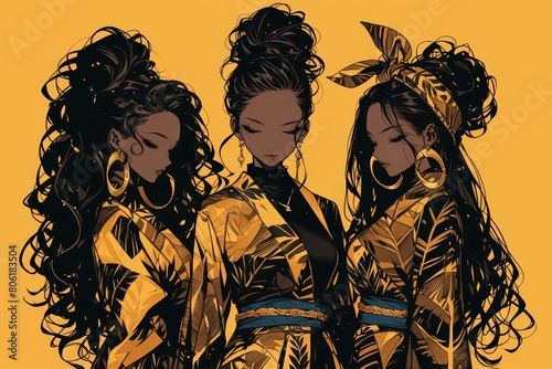 Three beautiful black women, in the style of african illustration, earth tones.  photo