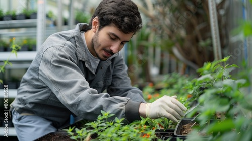 Environmental Monitoring: The scientist monitoring environmental conditions in the greenhouse, such as temperature, humidity, and light levels, to optimize plant growth and breeding success.  © Hokmiran