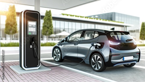 An electric car charges at a modern station, showcasing sustainable, future-focused transportation.