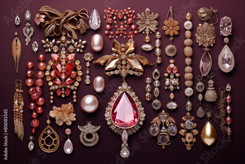 Large arrangement of shimmering jewelry on velvet backdrop. Generative AI