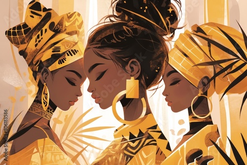 Three beautiful black women, with an afrofuturism aesthetic. African designs and patterns are on their skin. The desert background. photo