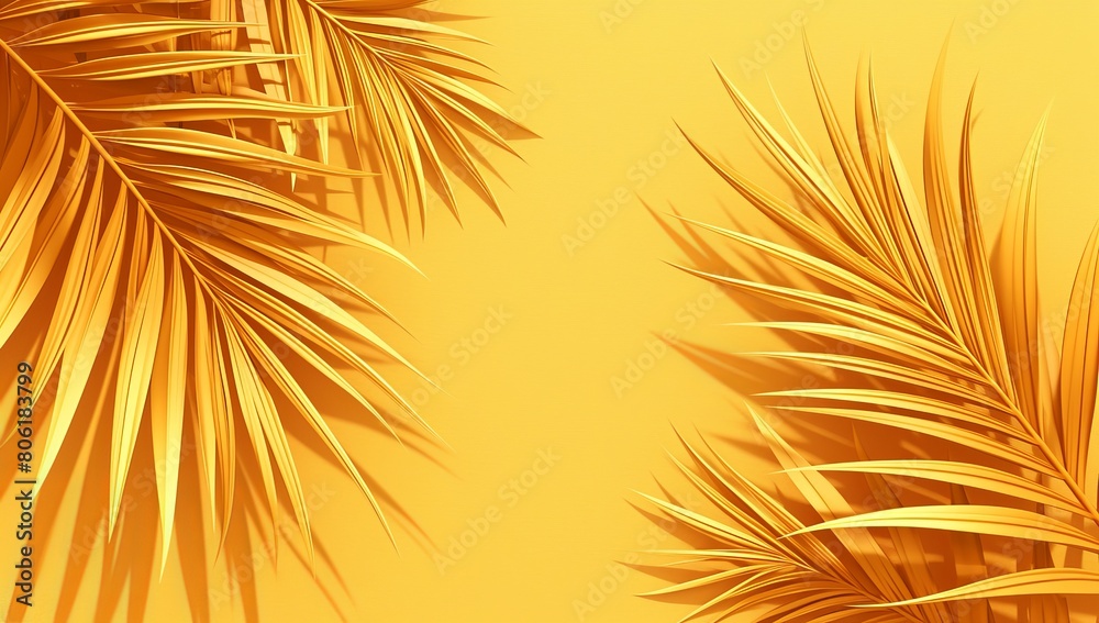 Naklejka premium Tropical summer banner with sunglasses and palm leaves on a yellow background, in a flat lay, top view. Summer vacation concept