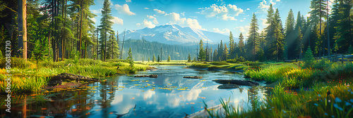 Tranquil Lake in a Canadian Forest at Sunrise, Mountains Reflected in Calm Waters, Scenic Wilderness