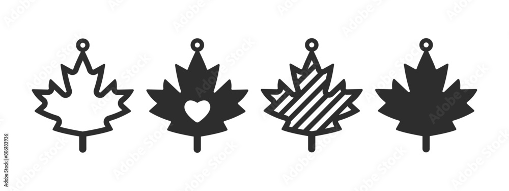 Set of maple leaf earrings, pendant or keychain design. Canada Day patriotic jewelry silhouette cut template. Laser cutting with leather, wood or metal. Vector illustration file Set of maple leaf earrings, pendant or keychain design. Canada Day patriotic jewelry silhouette cut template. Laser cutting with leather, wood or metal. Vector illustration file