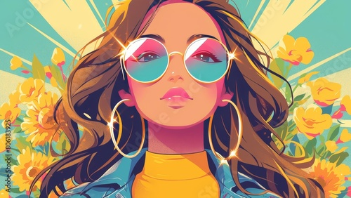 Beautiful woman with long hair wearing sunglasses, in the colorful pop art style of the 1970s retro poster design, with sun rays and flowers