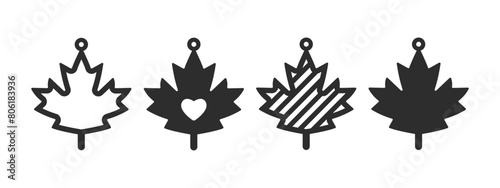 Set of maple leaf earrings, pendant or keychain design. Canada Day patriotic jewelry silhouette cut template. Laser cutting with leather, wood or metal. Vector illustration file