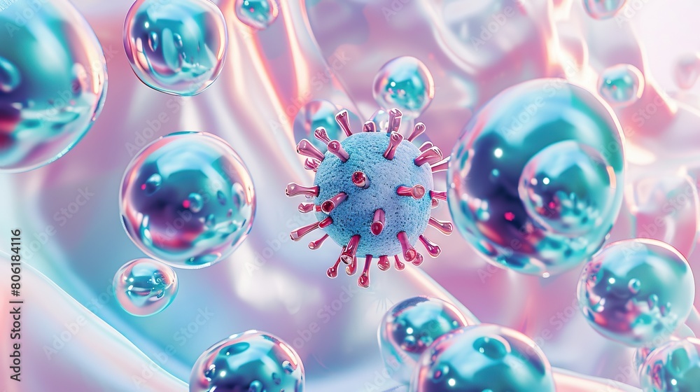 A 3D illustration of a virus among translucent bubbles on a wavy pastel background A 3D illustration of a virus among translucent bubbles on a wavy pastel background