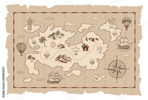 Sketch of an old pirate treasure map. Hand-drawn illustrations  vector.  