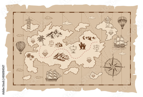 Sketch of an old pirate treasure map. Hand-drawn illustrations, vector.	
