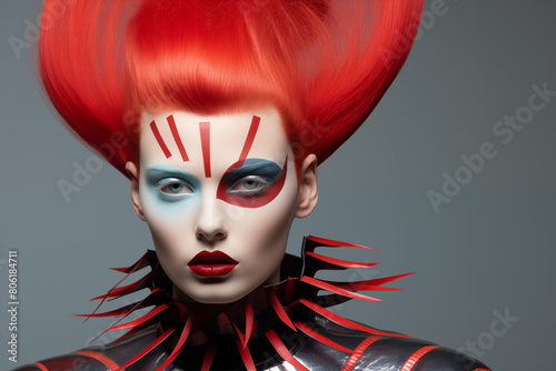 High fashion woman model with bright lights makeup and hairstyles. Generative AI