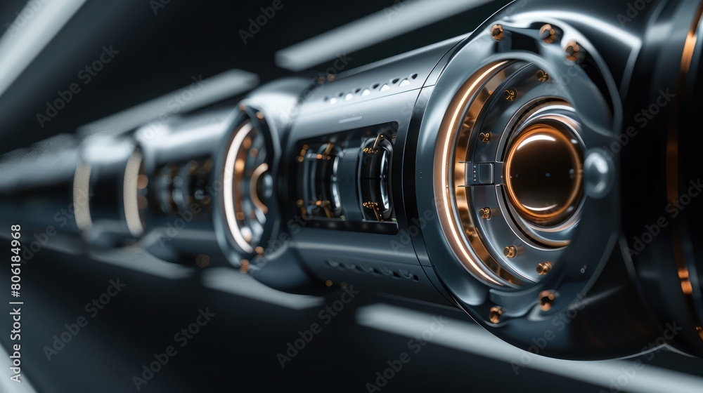 A close up of a futuristic engine with orange lights and a dark metal texture.