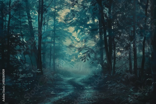 A painting of a forest with a path through it