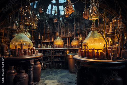 Mystery potion laboratory filled with bubbling cauldrons. Generative AI