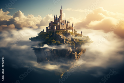 Castle perched on floating island amidst clouds. Generative AI