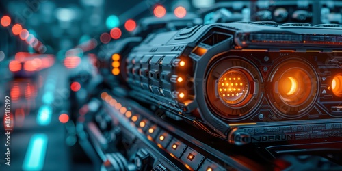 A close up of the back of a futuristic car with a glowing orange engine and blue lights reflecting on its surface.