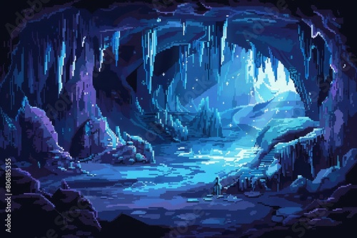 Fantastical 8-bit cave environment with glowing ice formations and ethereal light, Concept of magic, wonder, and digital game landscapes