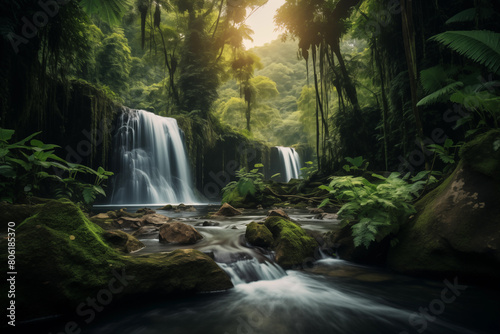 Serene waterfall surrounded by lush foliage. Generative AI