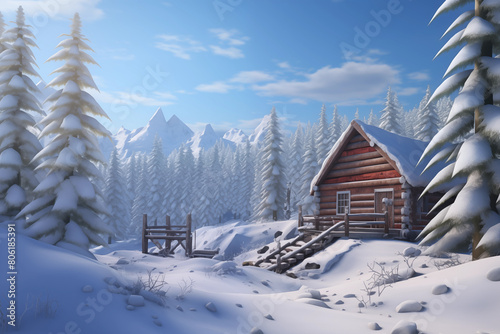 Small cozy wooden house over snow-covered valley in mountain. Generative AI