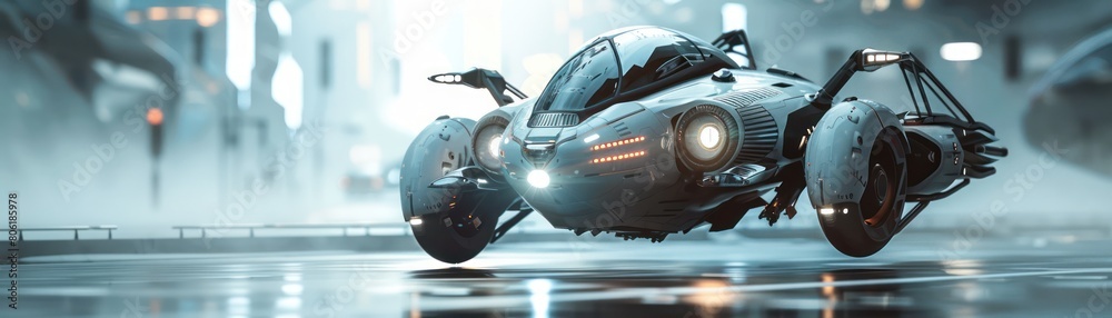 A futuristic flying car hovers above the city street