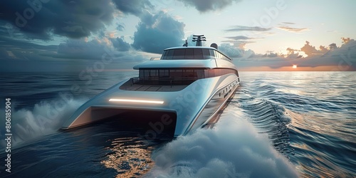 A futuristic catamaran yacht with a sleek silver hull and luxurious amenities glides effortlessly across the ocean, leaving a trail of foam in its wake.