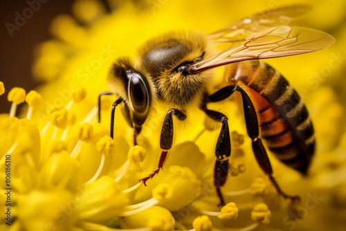 Macro view of bee collecting pollen from the heart of blooming flower. Generative AI