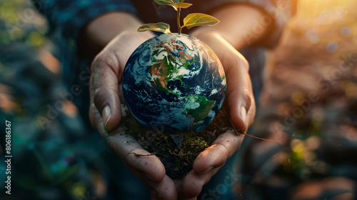 human held smal globe earth forest,earth Day or enviroment protection help save the world photo