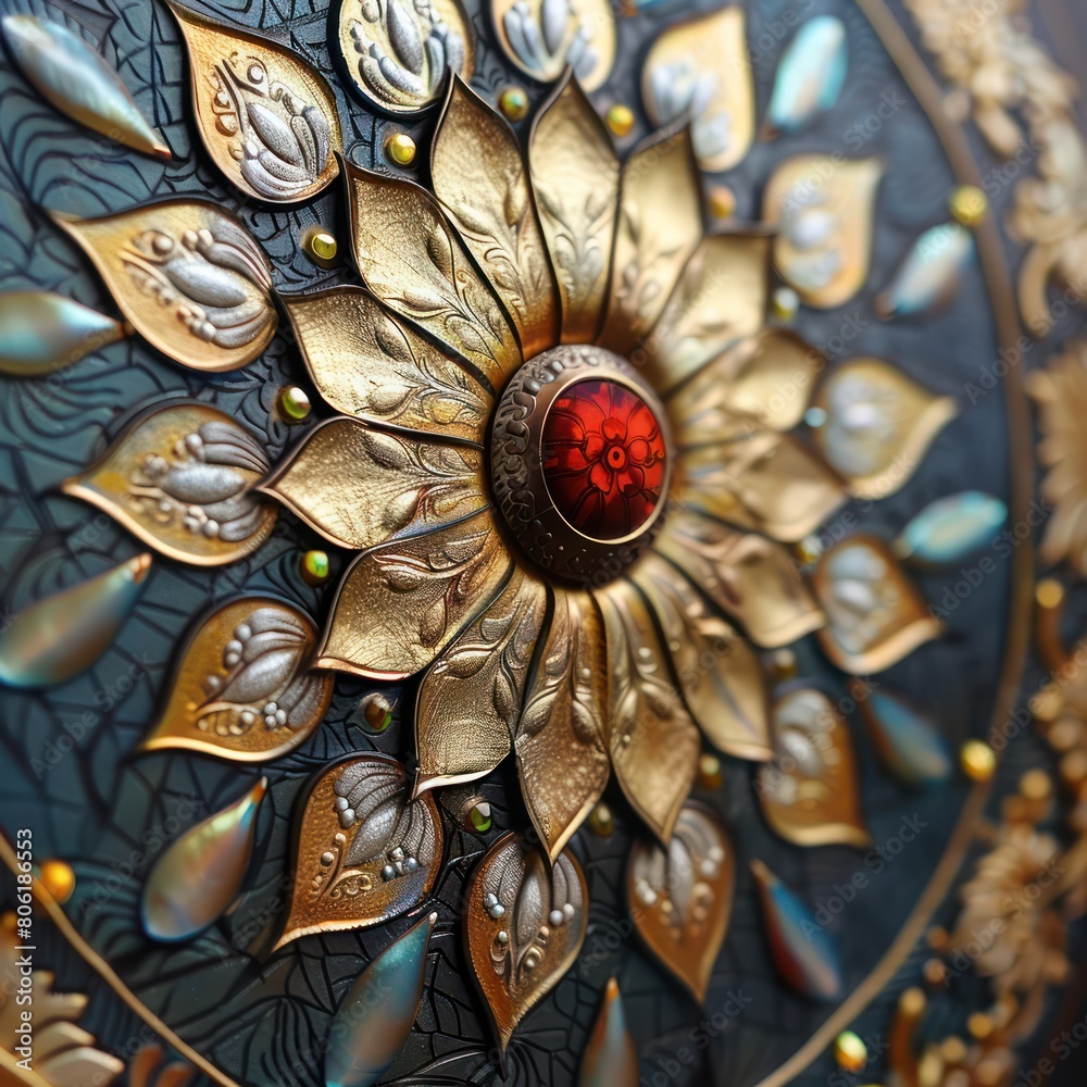 Fototapeta premium A golden flower mandala with a red jewel in the center, made of metal and enamel.