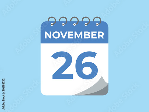 November  26 calendar reminder. 26 November  daily calendar icon template. Calendar 26 November  icon Design template. Vector illustration
