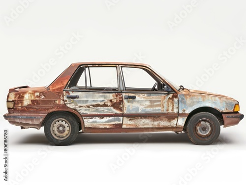 old vehicle with rust without hubcap on white background
