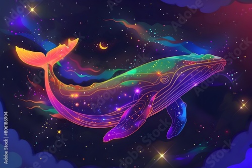 Flying Whale Illuminated by Starlight in Half-Moon Space photo