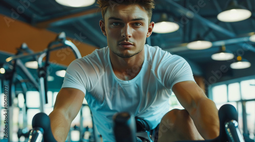 Healthy lifestyle concept. Young sporty man in white t-shirt and shorts is exercising bike at spinning class . Cardio training photo