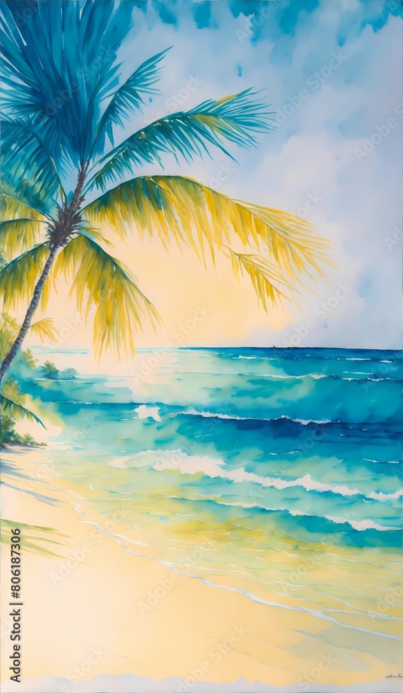 Summer background palms, sky and sea. gorgeous landscape, watercolor