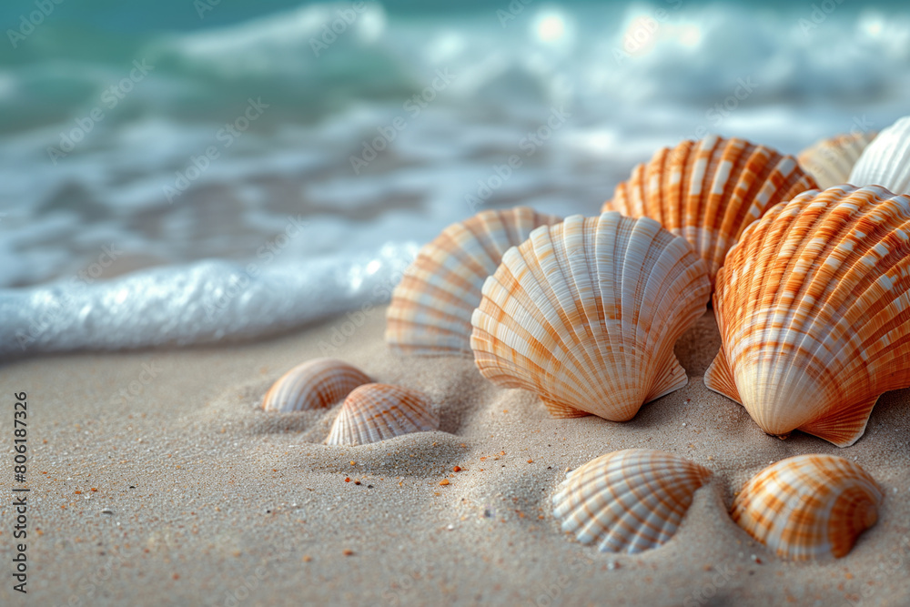 Seashells on the beach with waves in background Seashells on the beach with waves in background