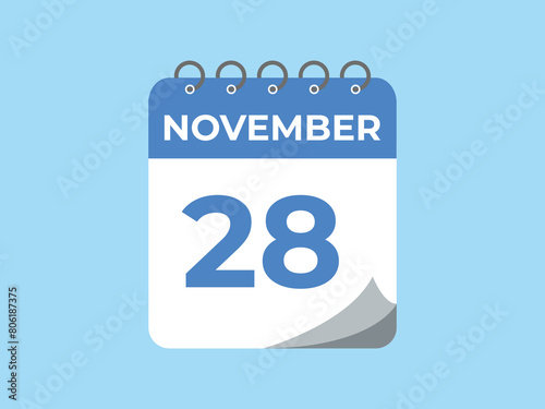 November  28 calendar reminder. 28 November  daily calendar icon template. Calendar 28 November  icon Design template. Vector illustration
