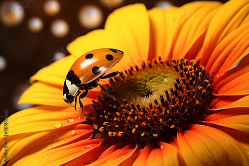 Cute ladybug exploring the vibrant petals of a sunflower. Generative AI