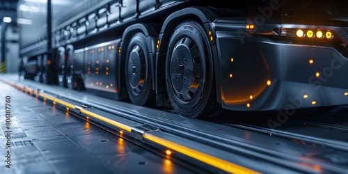 An 18-wheeler semi truck with glowing orange lights drives down a futuristic road photo