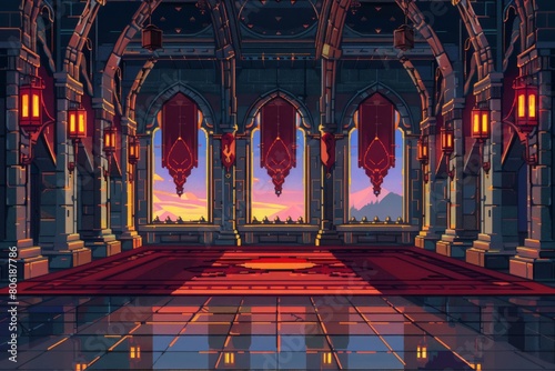 Stylized Pixel Art Castle Interior with Sunset View, Concept of Fantasy Adventure and Digital RPG Game Environment photo