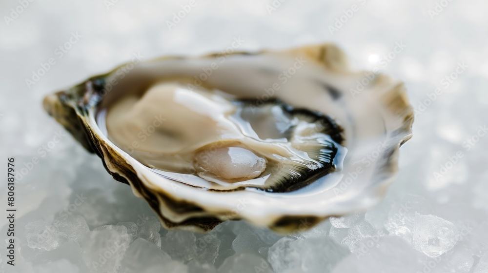 Detailed view of a raw oyster resting on a bed of ice Detailed view of a raw oyster resting on a bed of ice