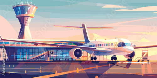 Modern Airport Terminal and Dispatcher Tower: Cartoon Vector Illustration