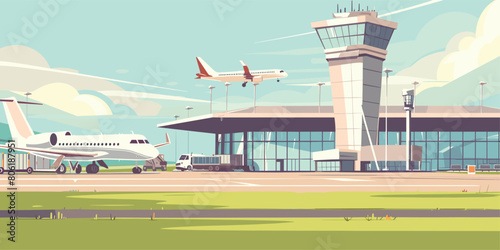 Modern Airport Terminal and Dispatcher Tower: Cartoon Vector Illustration
