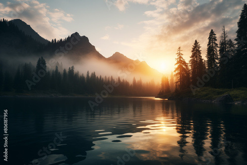 Mountain lake surrounded by dense pine forests. Generative AI