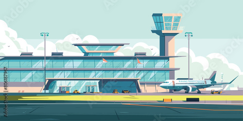 Modern Airport Terminal and Dispatcher Tower: Cartoon Vector Illustration