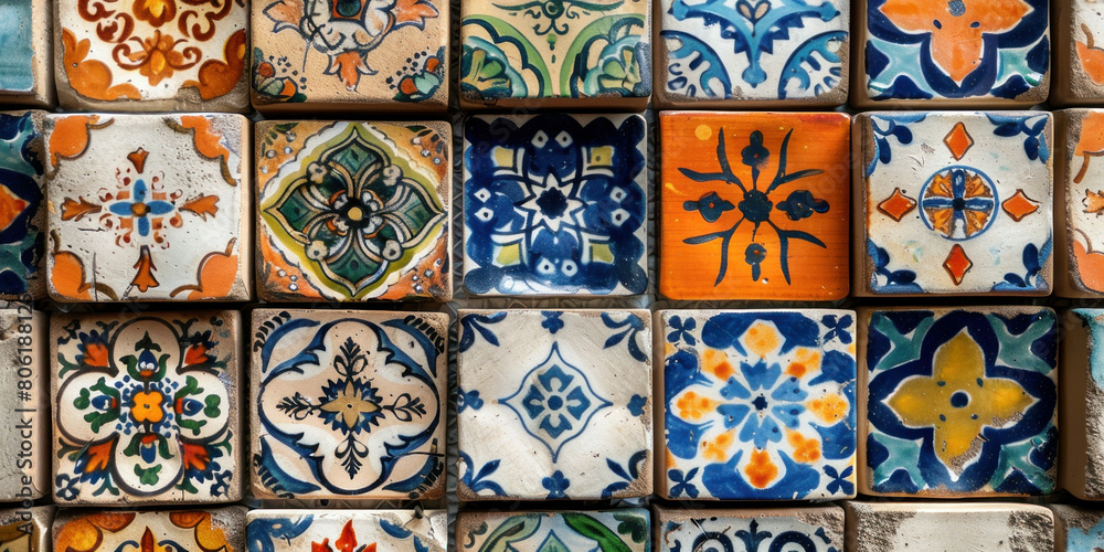 Colorful ceramic tiles with a pattern on the wall of a store in Barcelona, Spain